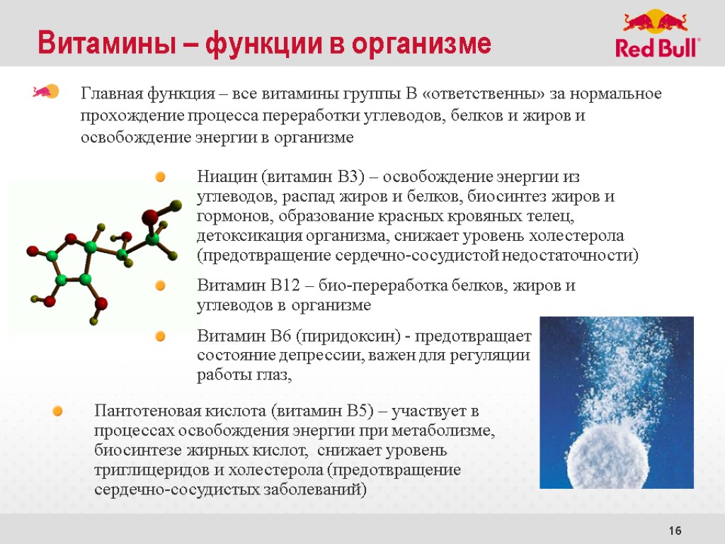 16 Витамины – функции в организме Главная функция – все витамины группы В «ответственны»